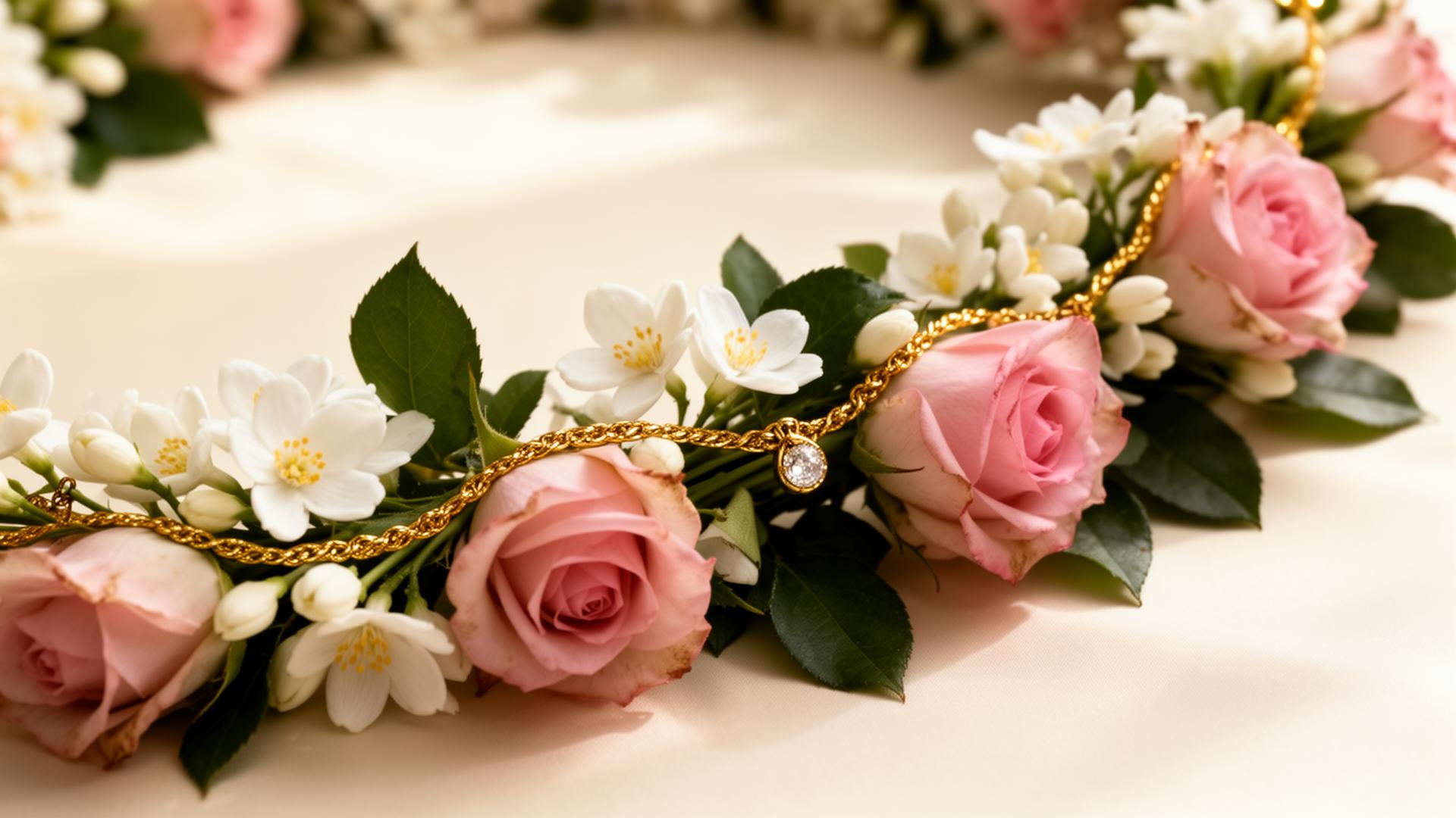 Handcrafted rose and jasmine garland with golden thread
